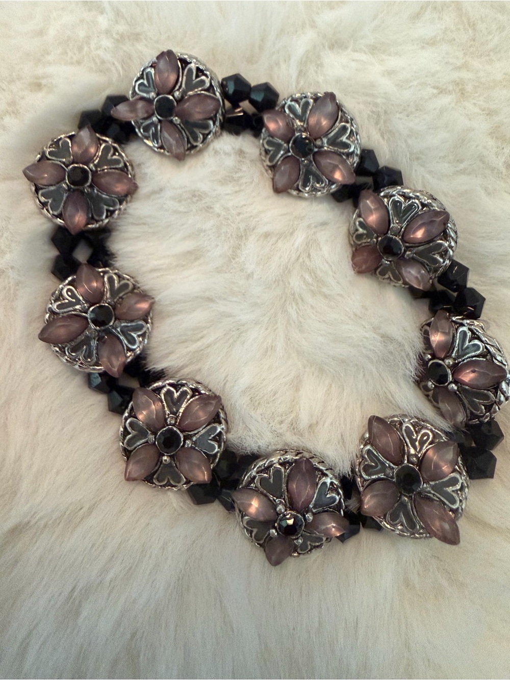 Delicate Pink Floral Statement Bracelet with Black Accents
